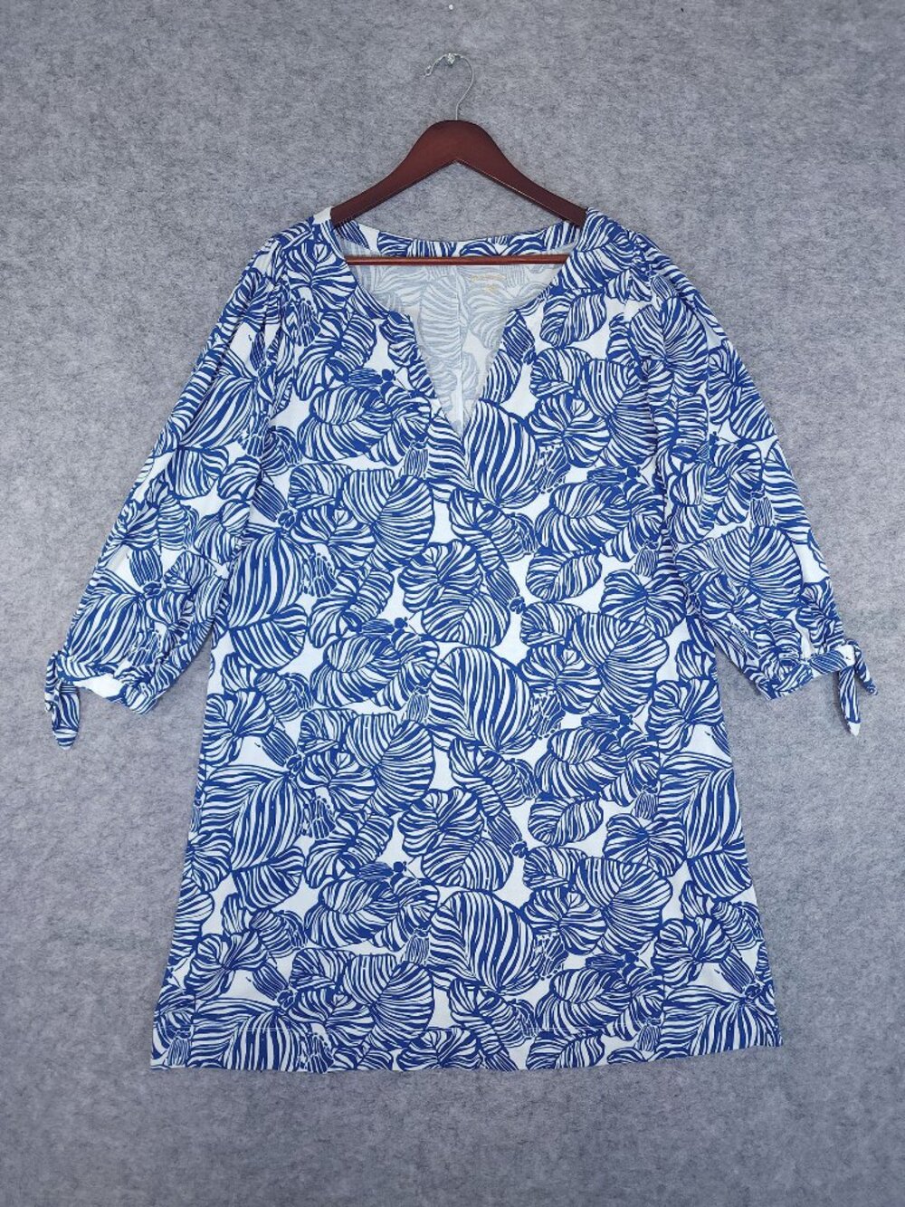 Lilly Pulitzer Cath Dress XXL Blue White Leaf Print Tie Sleeves Tropical Resort - Picture 4 of 12